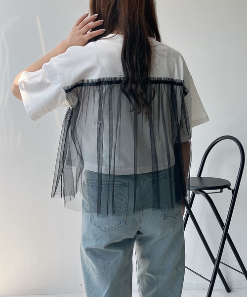 AS KNOW AS plus(アズノゥアズプラス)の「◎チュールリボン ロックTシャツ(Tシャツ/カットソー・レディース・ブラック×グレー/ホワイト×ブラック/チャコールグレー×ブラック/ホワイト系/グレー系/アイボリー系/ホワイト系1/グレー系1/アイボリー系1/アイボリー系2・FREE)」の15枚目の写真