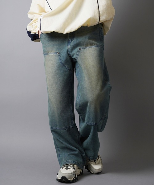ヴィンテージライクダブルニーデニムワークパンツ（デニムパンツ