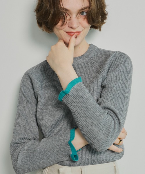 Unitage（ユニテージ）の「※入荷禁止※配色クルーネックリブニット（ニット/セーター・レディース・ダークグリーン/ネイビー/ブラウン/グレー/アイボリー/ブラック/イエロー/ナチュラル/ライトブルー/その他・FREE）」の3枚目の写真