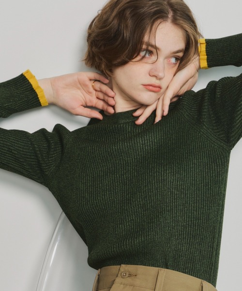 Unitage（ユニテージ）の「※入荷禁止※配色クルーネックリブニット（ニット/セーター・レディース・ダークグリーン/ネイビー/ブラウン/グレー/アイボリー/ブラック/イエロー/ナチュラル/ライトブルー/その他・FREE）」の6枚目の写真