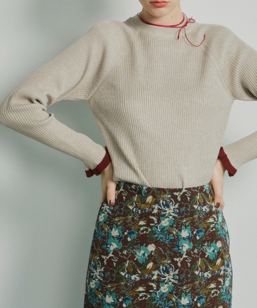 エンフォルド　配色ニット　リブ切り替え　クールネック　ベージュ　ダークグリーン エンフォルド 配色ニット リブ切り替え クールネック ベージュ