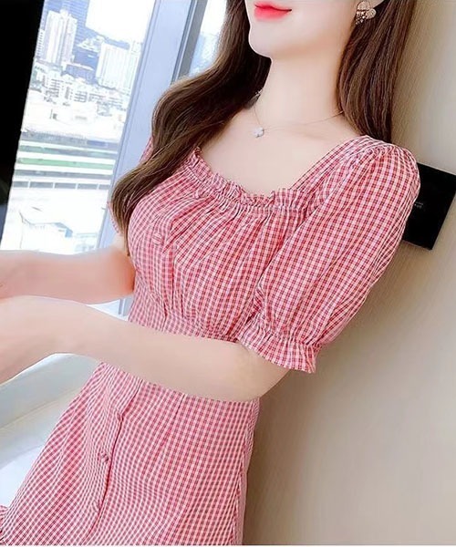 gossip！ロサンゼルス（ゴシップロサンゼルス）の「スクエアネック ギンガムチェック シャーリング半袖ミニワンピース レディース フリル裾 パフスリーブ（ワンピース・レディース・ブラック/レッド・S/M）」の14枚目の写真