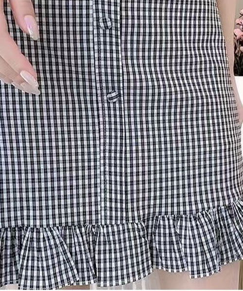 gossip！ロサンゼルス（ゴシップロサンゼルス）の「スクエアネック ギンガムチェック シャーリング半袖ミニワンピース レディース フリル裾 パフスリーブ（ワンピース・レディース・ブラック/レッド・S/M）」の11枚目の写真