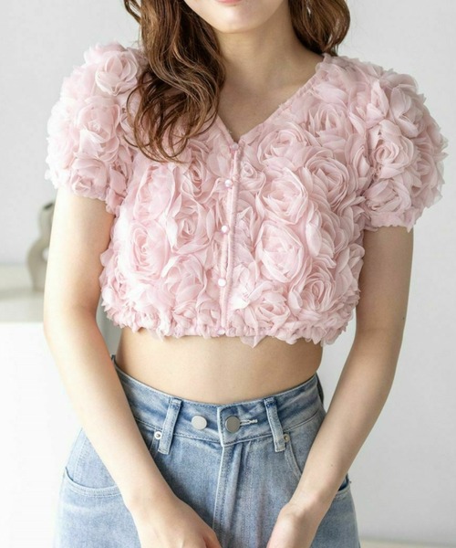 clear（クリア）の「バラモチーフ半袖カーディガン［大人 フェミニン］≪再入荷≫（カーディガン/ボレロ・レディース・ミント/ピンク/アイボリー・F）」の3枚目の写真