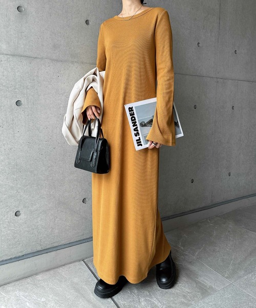 セール】テレコリブフレアスリーブロングワンピース（ワンピース