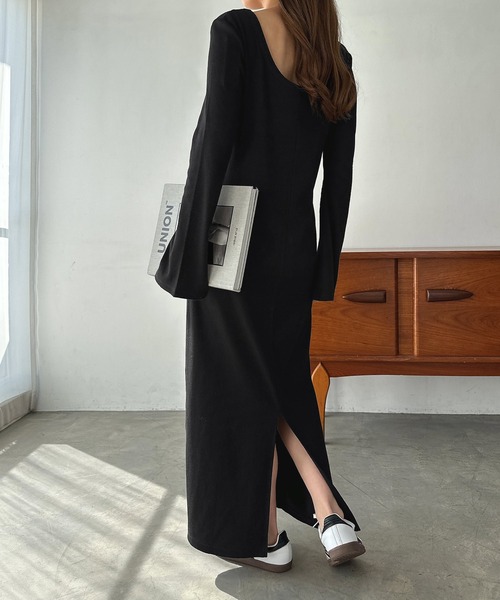 テレコリブフレアスリーブロングワンピース（ワンピース）｜andme