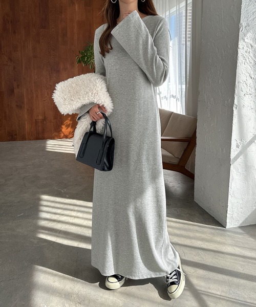 セール】テレコリブフレアスリーブロングワンピース（ワンピース