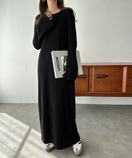 テレコリブフレアスリーブロングワンピース（ワンピース）｜andme