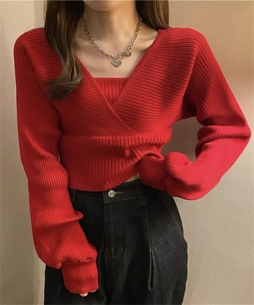FREE STYLISTS(フリー スタイリスト)の「バックリボン フェイクアンサンブル リブニット(ニット/セーター・レディース・ホワイト/ブラック/ブラウン/レッド/ピンク・FREE)」の5枚目の写真
