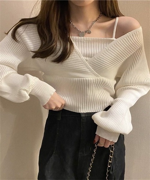 FREE STYLISTS(フリー スタイリスト)の「バックリボン フェイクアンサンブル リブニット(ニット/セーター・レディース・ホワイト/ブラック/ブラウン/レッド/ピンク・FREE)」の7枚目の写真