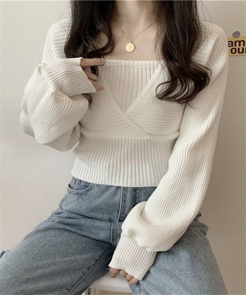 FREE STYLISTS(フリー スタイリスト)の「バックリボン フェイクアンサンブル リブニット(ニット/セーター・レディース・ホワイト/ブラック/ブラウン/レッド/ピンク・FREE)」の9枚目の写真