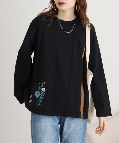 Emago(イマゴ)の「EMAGO レイヤード風刺繍プルオーバー(Tシャツ/カットソー・レディース・ブラック/ブラウン/アイボリー・FREE)」の1枚目の写真