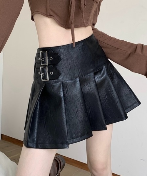 NANEA(ナネア)の「サイドベルト付きプリーツミニスカート(スカート・レディース・ブラック/ブラウン・LARGE/MEDIUM/SMALL)」の1枚目の写真