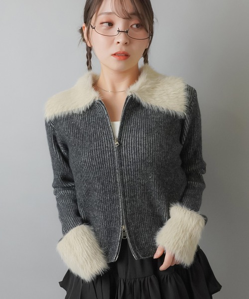 SPINNS(スピンズ)の「襟ファーWジップニット(ニット/セーター・レディース・ブラック/ブラウン/グレー・ONESIZE)」の15枚目の写真