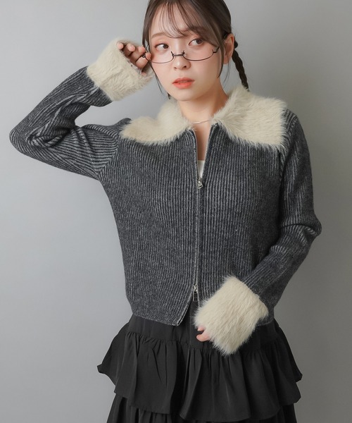 SPINNS(スピンズ)の「襟ファーWジップニット(ニット/セーター・レディース・ブラック/ブラウン/グレー・ONESIZE)」の16枚目の写真