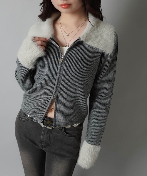 SPINNS（スピンズ）の「襟ファーWジップニット（ニット/セーター