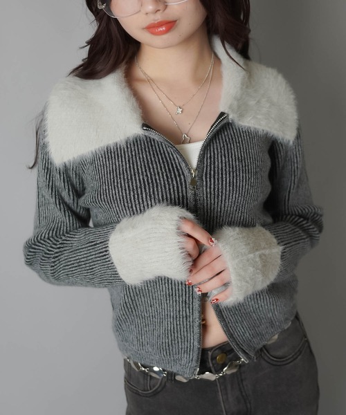 SPINNS(スピンズ)の「襟ファーWジップニット(ニット/セーター・レディース・ブラック/ブラウン/グレー・ONESIZE)」の6枚目の写真