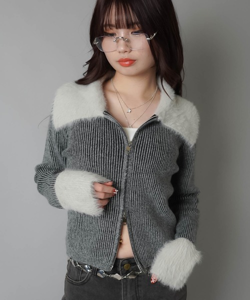 SPINNS(スピンズ)の「襟ファーWジップニット(ニット/セーター・レディース・ブラック/ブラウン/グレー・ONESIZE)」の9枚目の写真