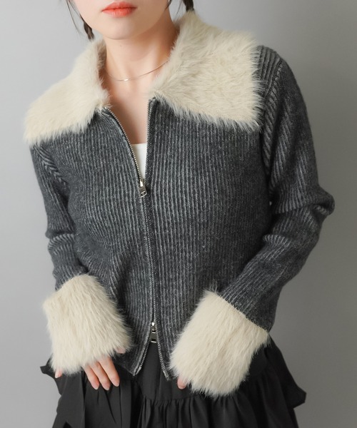 SPINNS(スピンズ)の「襟ファーWジップニット(ニット/セーター・レディース・ブラック/ブラウン/グレー・ONESIZE)」の14枚目の写真