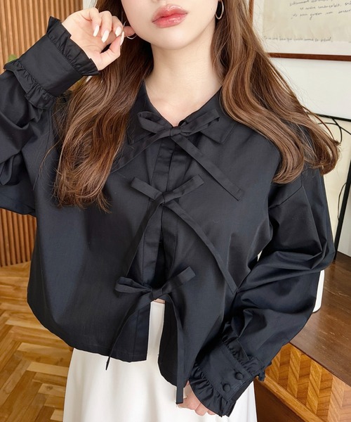 セール】フリルカフスフロントリボンショート長袖シャツ（シャツ