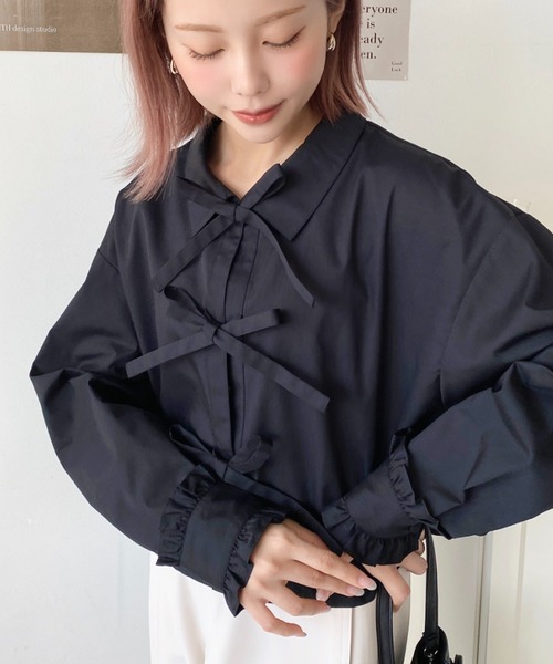 セール】フリルカフスフロントリボンショート長袖シャツ（シャツ