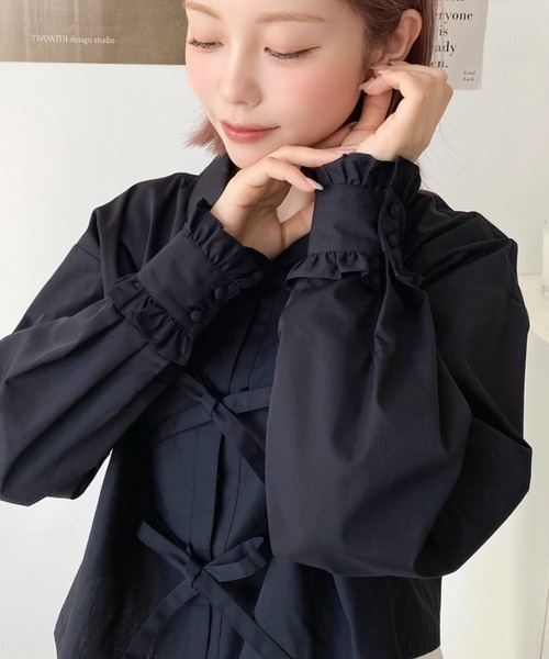 セール】フリルカフスフロントリボンショート長袖シャツ（シャツ