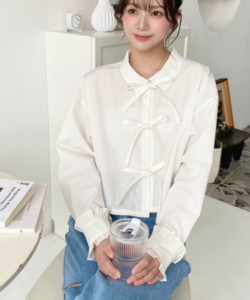 セール】フリルカフスフロントリボンショート長袖シャツ（シャツ