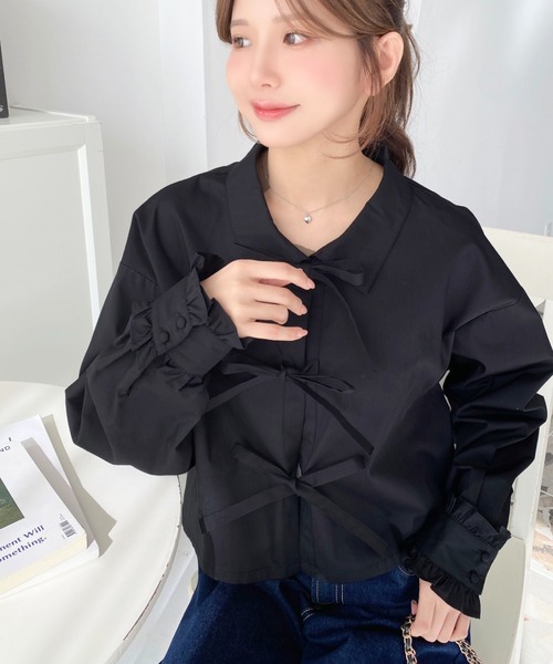 セール】フリルカフスフロントリボンショート長袖シャツ（シャツ