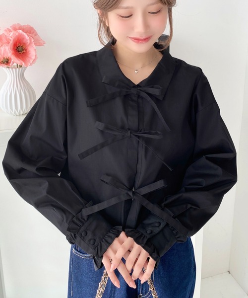 セール】フリルカフスフロントリボンショート長袖シャツ（シャツ