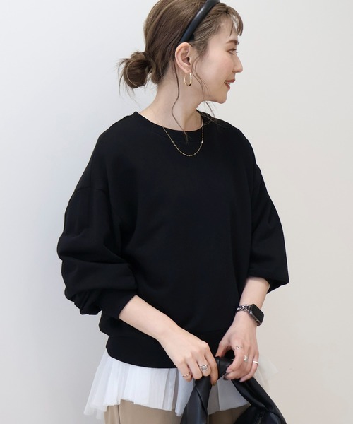 【BLACK】タックスリーブジャガードスウェット Fit more（フィットモア） タックスリーブジャガードトップス