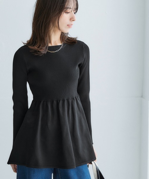 nissen(ニッセン)の「ふっくらかるいフォルムニットペプラムトップス(ハンガー干し可能)<大きいサイズ有>(ニット/セーター・レディース・グレイッシュブルー/ブラック/ベージュ系/モカ・S/M/L/LL/3L)」の2枚目の写真