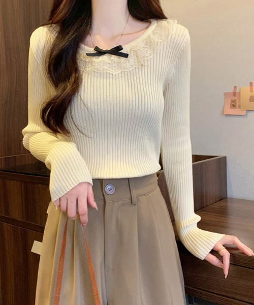 Miniministore（ミニミニストア）の「リブニットトップス レディース きれいめ（ニット/セーター・レディース・ホワイト/ワインレッド/ライトベージュ/ブラック・FREE）」の3枚目の写真