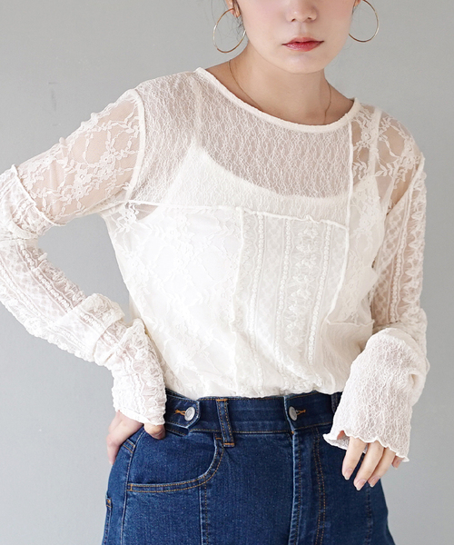 e-zakkamania stores（イーザッカマニアストアーズ）の「シアーレース パッチワークカットソー（Tシャツ/カットソー・レディース・アイボリー/ブラック・フリー）」の2枚目の写真