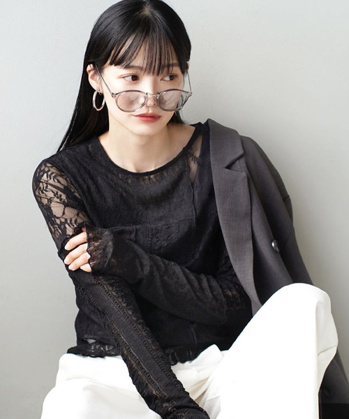 e-zakkamania stores（イーザッカマニアストアーズ）の「シアーレース パッチワークカットソー（Tシャツ/カットソー・レディース・アイボリー/ブラック・フリー）」の3枚目の写真