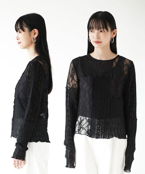 e-zakkamania stores（イーザッカマニアストアーズ）の「シアーレース パッチワークカットソー（Tシャツ/カットソー・レディース・アイボリー/ブラック・フリー）」の10枚目の写真