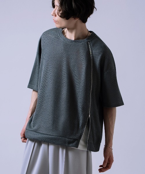 Crownor(クラウノアー)の「フロントジッパー サマーニット 半袖Tシャツ(Tシャツ/カットソー・メンズ・ブラック/グレー/ブルー・SMALL/MEDIUM/LARGE)」の3枚目の写真