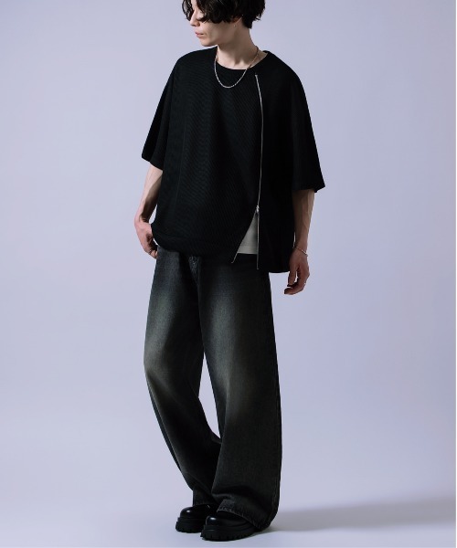 Crownor(クラウノアー)の「フロントジッパー サマーニット 半袖Tシャツ(Tシャツ/カットソー・メンズ・ブラック/グレー/ブルー・SMALL/MEDIUM/LARGE)」の14枚目の写真