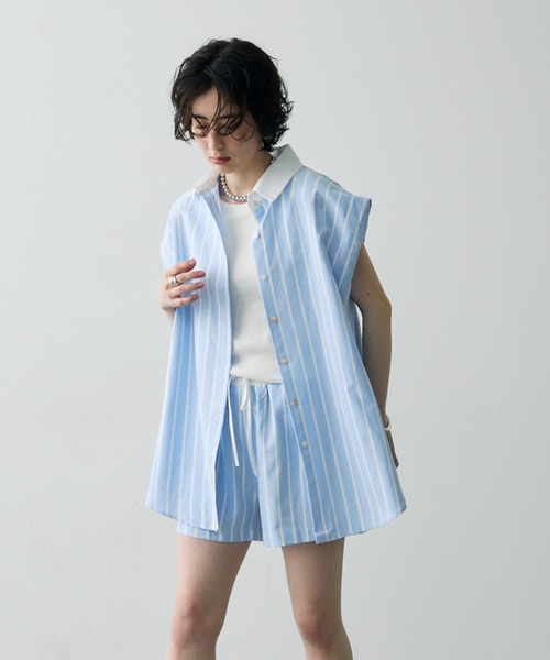 セール】ストライプクレリック＋ショートパンツセット（シャツ
