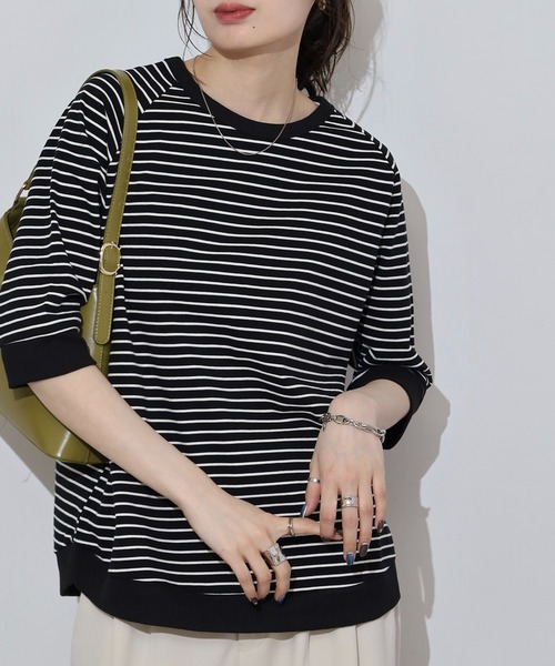ubasoku（ウバソク）の「ディマリアボーダー杢糸　リブ使いラグラン袖5分袖カットソー（Tシャツ/カットソー・レディース・アイボリー系/ブラック系・FREE）」の2枚目の写真