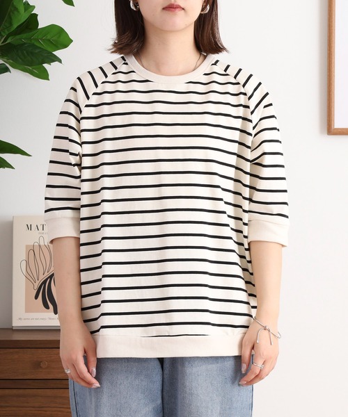 tシャツ ディマリアボーダー杢糸　リブ使いラグラン袖5分袖カットソー レディース セール】ディマリアボーダー杢糸 リブ使いラグラン袖5分袖