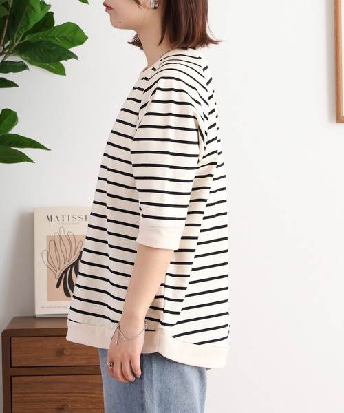 ubasoku（ウバソク）の「ディマリアボーダー杢糸　リブ使いラグラン袖5分袖カットソー（Tシャツ/カットソー・レディース・アイボリー系/ブラック系・FREE）」の7枚目の写真