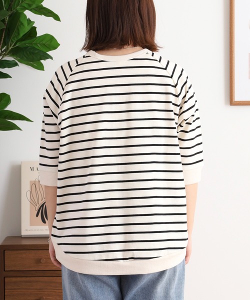 ubasoku（ウバソク）の「ディマリアボーダー杢糸　リブ使いラグラン袖5分袖カットソー（Tシャツ/カットソー・レディース・アイボリー系/ブラック系・FREE）」の8枚目の写真