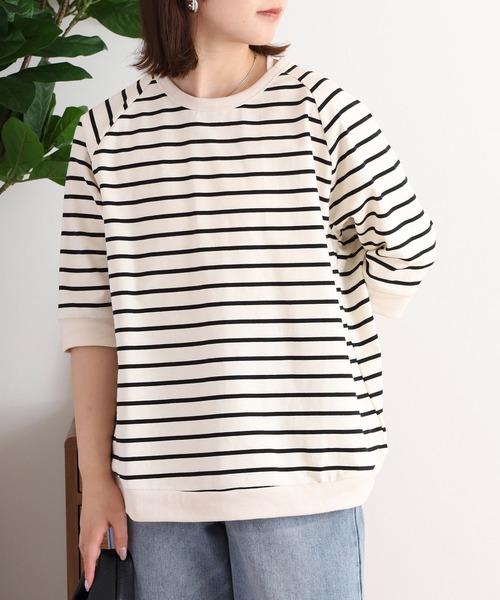 ubasoku（ウバソク）の「ディマリアボーダー杢糸　リブ使いラグラン袖5分袖カットソー（Tシャツ/カットソー・レディース・アイボリー系/ブラック系・FREE）」の3枚目の写真