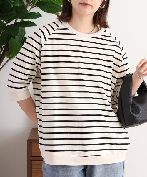 ubasoku（ウバソク）の「ディマリアボーダー杢糸　リブ使いラグラン袖5分袖カットソー（Tシャツ/カットソー・レディース・アイボリー系/ブラック系・FREE）」の4枚目の写真