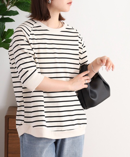 ubasoku（ウバソク）の「ディマリアボーダー杢糸　リブ使いラグラン袖5分袖カットソー（Tシャツ/カットソー・レディース・アイボリー系/ブラック系・FREE）」の5枚目の写真