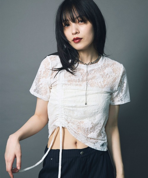セール】【led.tokyo】LACE SHIRRING TOPS/レースシャーリング