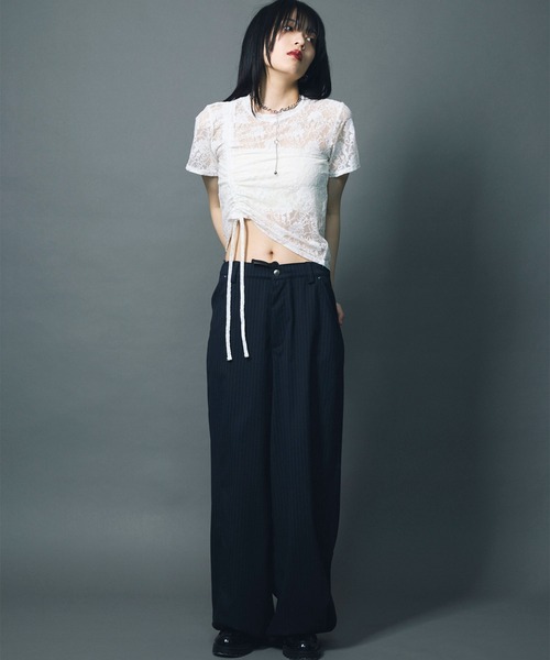 led.tokyo（レッドトウキョウ）の「【led.tokyo】LACE SHIRRING TOPS/レースシャーリングトップ（Tシャツ/カットソー・レディース・ブラック/ホワイト・FREE）」の5枚目の写真