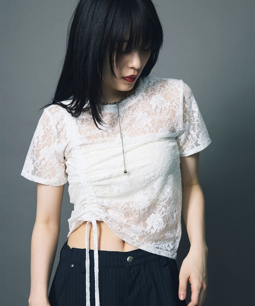 led.tokyo（レッドトウキョウ）の「【led.tokyo】LACE SHIRRING TOPS/レースシャーリングトップ（Tシャツ/カットソー・レディース・ブラック/ホワイト・FREE）」の11枚目の写真