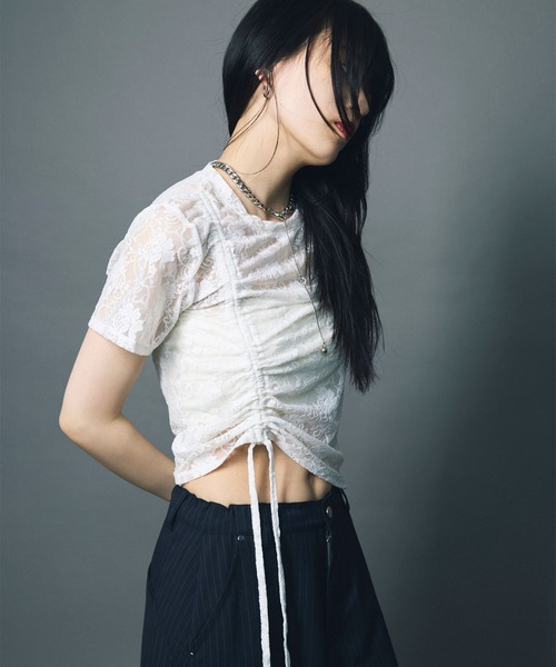 led.tokyo（レッドトウキョウ）の「【led.tokyo】LACE SHIRRING TOPS/レースシャーリングトップ（Tシャツ/カットソー・レディース・ブラック/ホワイト・FREE）」の10枚目の写真