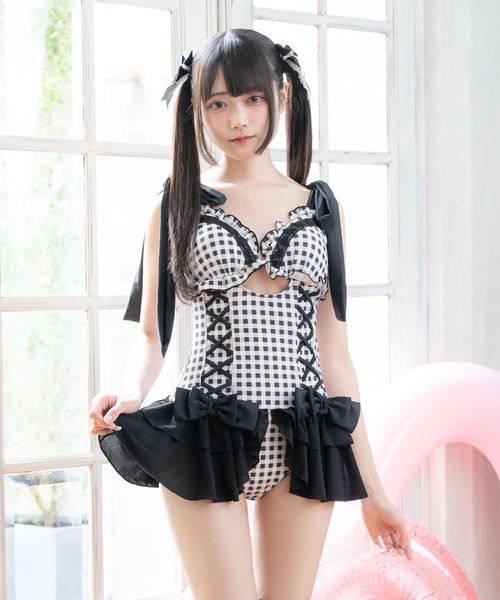 DearMyLove（ディアマイラブ）の「レースアップランジェリー水着（水着・レディース・チェック/パープル/ブラック/ベビーピンク・LL/LARGE/MEDIUM）」の4枚目の写真